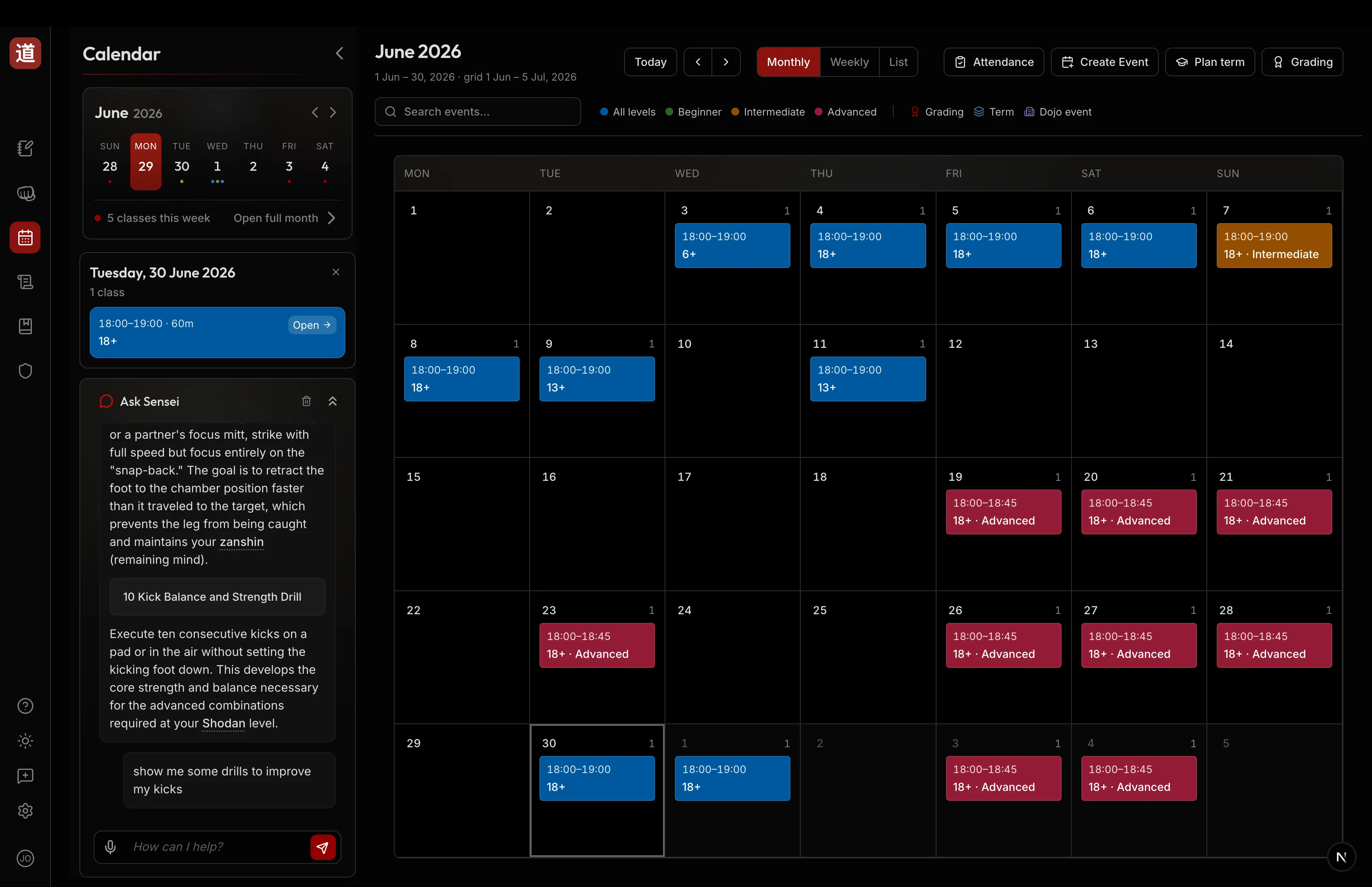 DojoSensei calendar — monthly view of scheduled classes, gradings, and dojo events