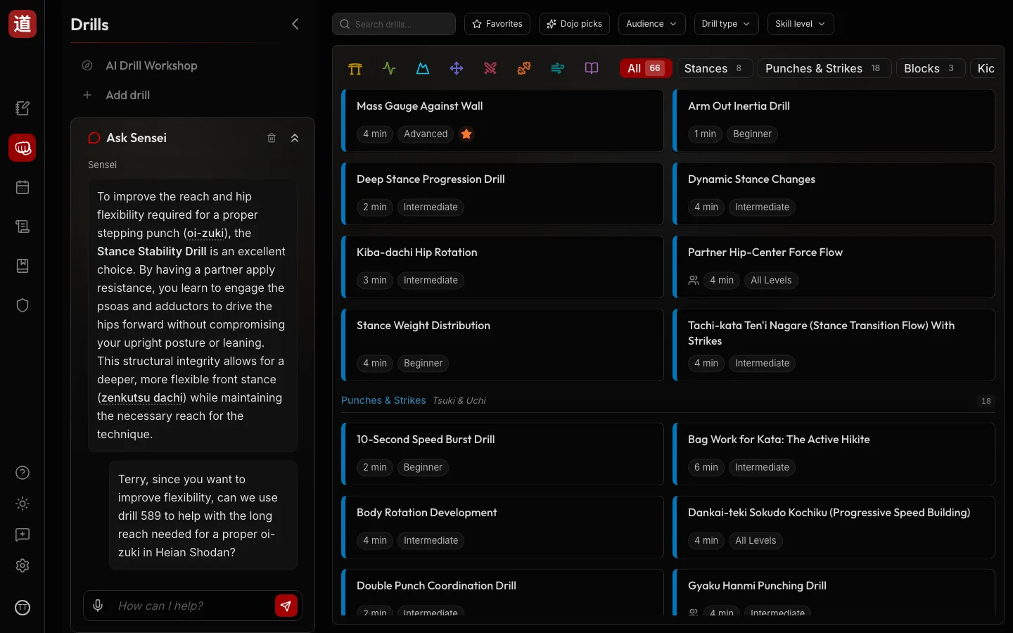 DojoSensei drill library — searchable Shotokan drill cards with video, cues, and the Ask Sensei panel open