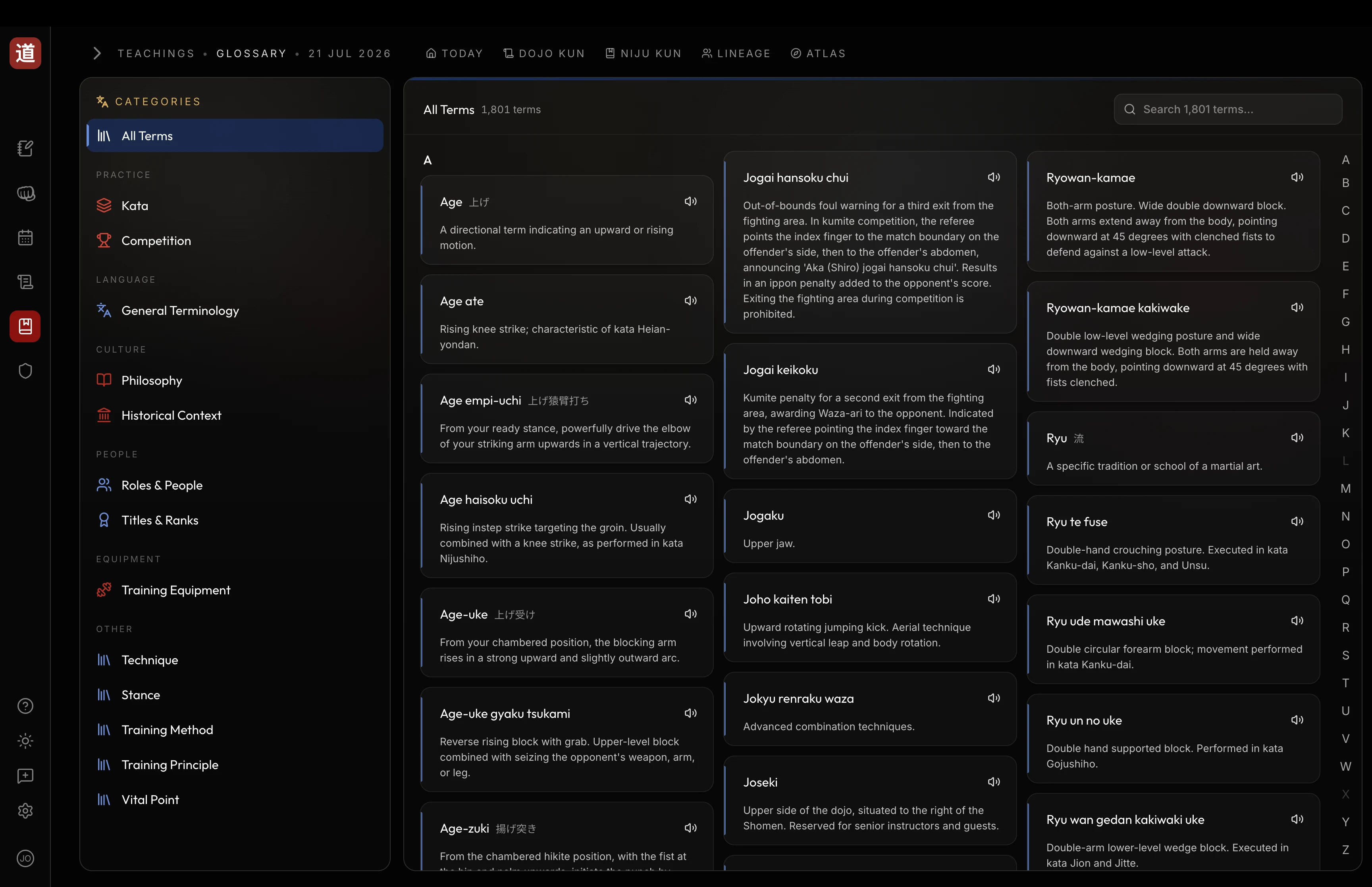 DojoSensei 1,801-term Shotokan glossary, searchable by category