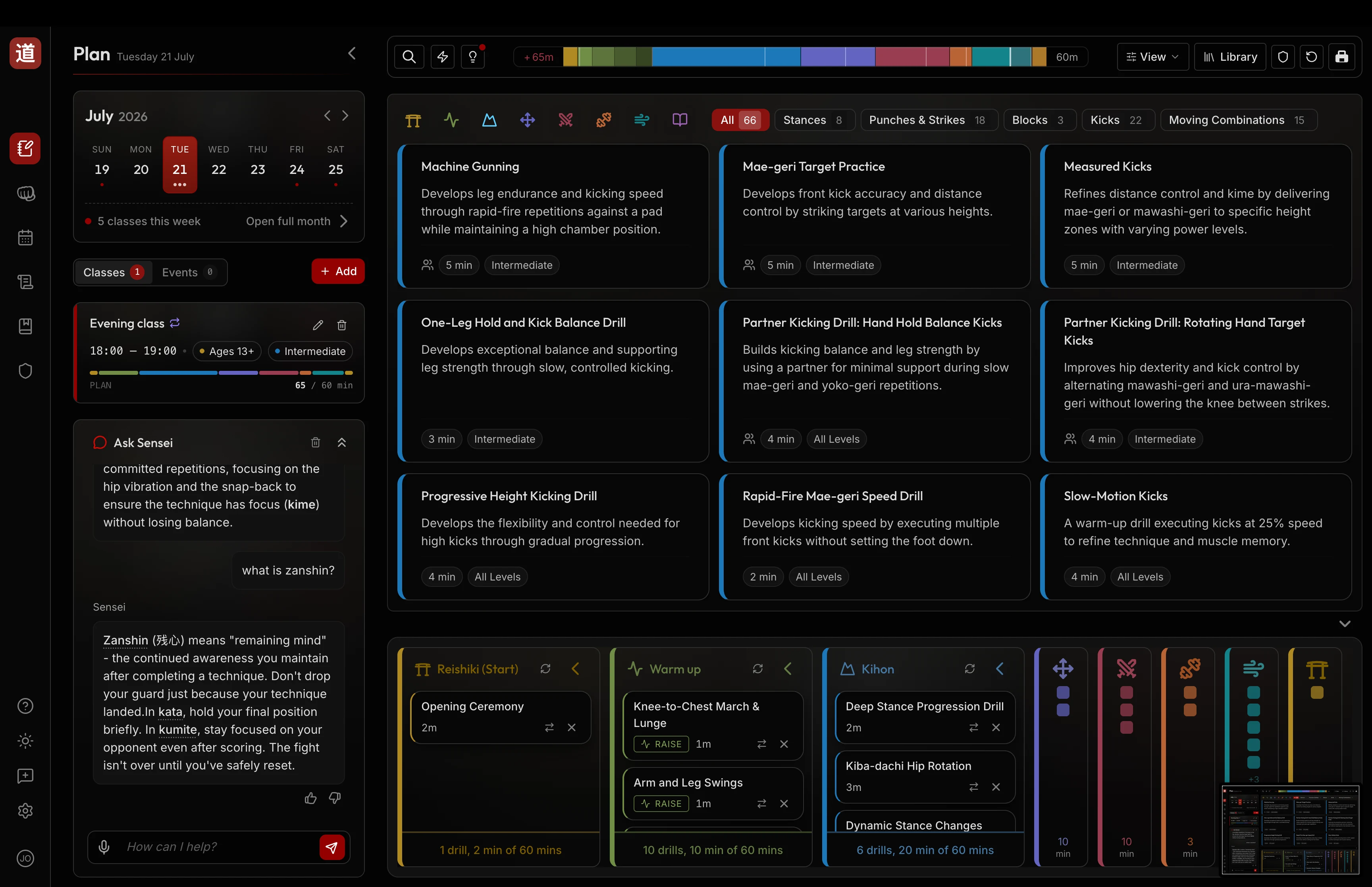 DojoSensei class planner — drag curated drills through each class phase with the AI Sensei panel open