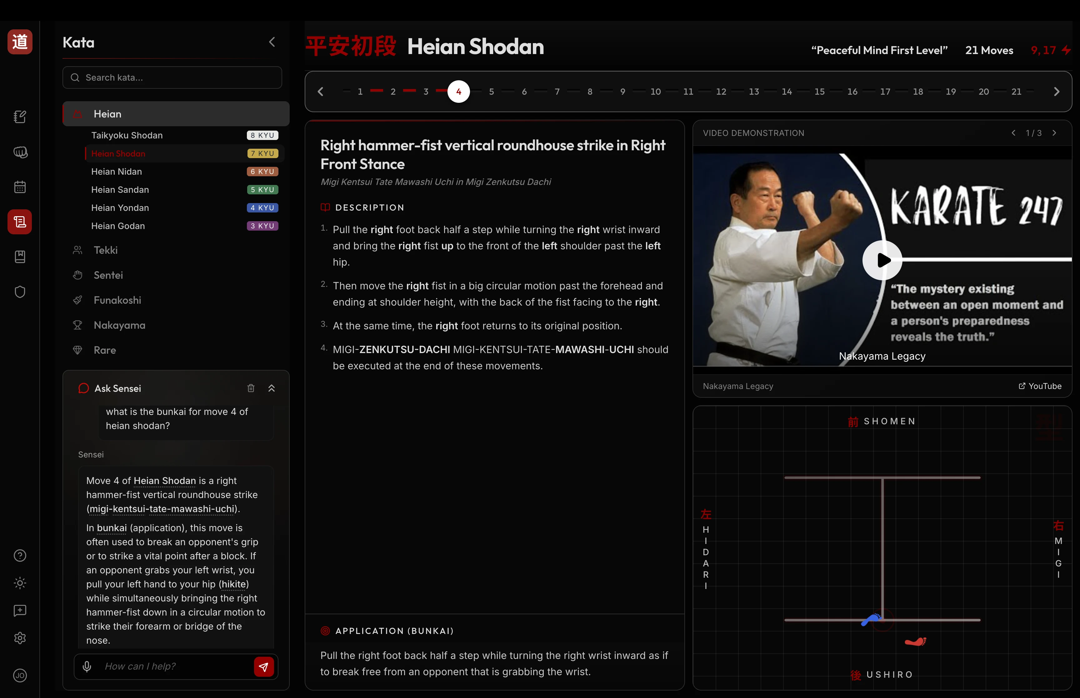 DojoSensei kata viewer showing the Heian Shodan move-by-move breakdown, common performance errors, and embusen floor diagram