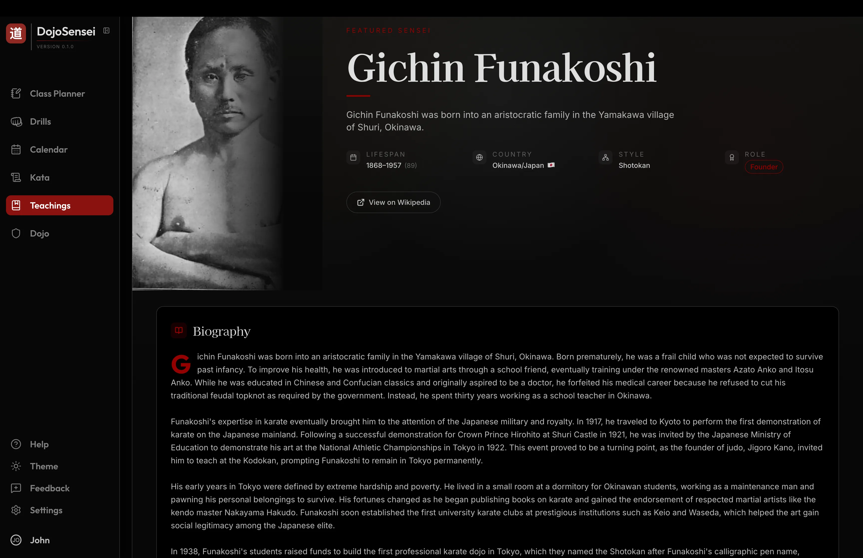 Gichin Funakoshi master profile