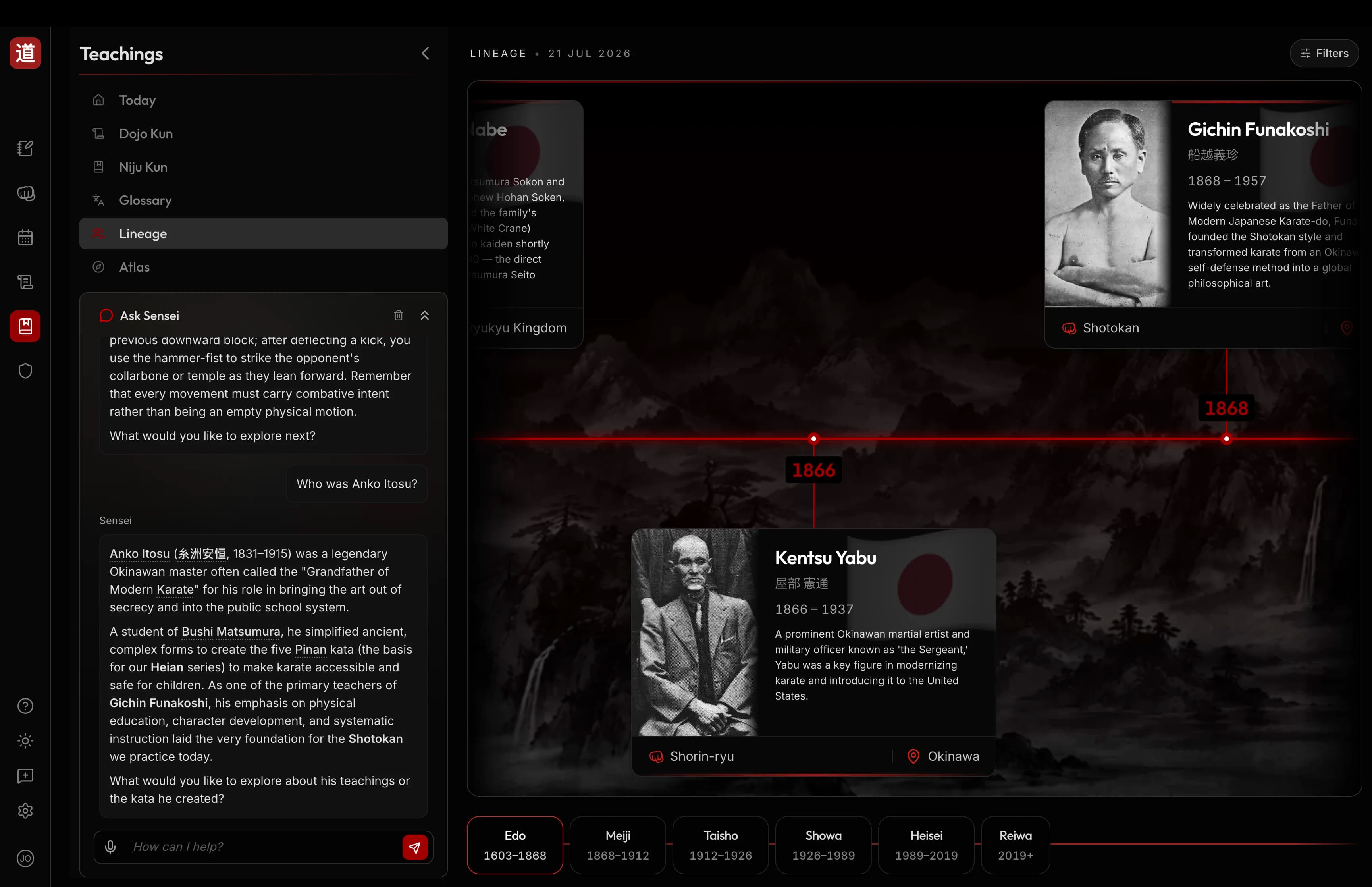 DojoSensei lineage timeline of Shotokan masters