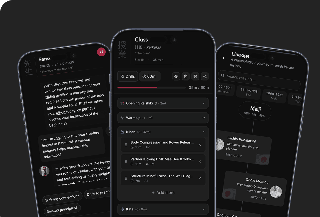 DojoSensei mobile app — AI Sensei chat, the class plan, and the Shotokan masters lineage